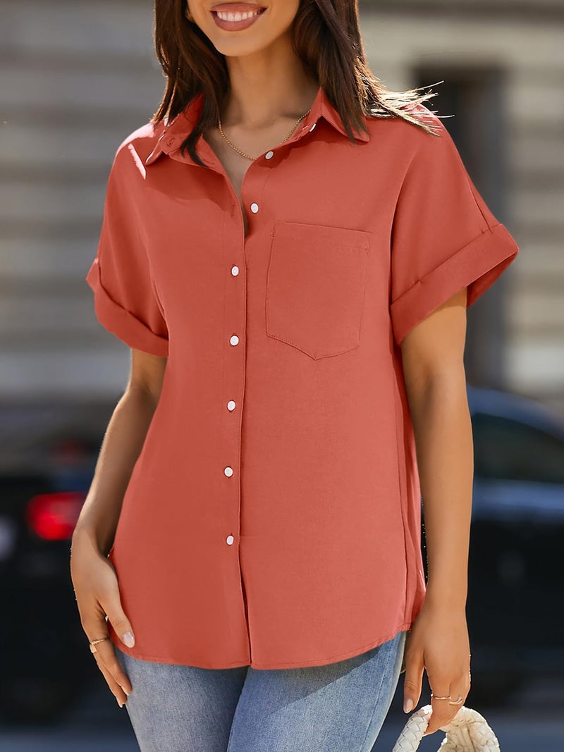 Beautife Womens Short Sleeve Shirts V Neck Collared Button Down Shirt Tops with Pockets Tangerine - Image 2
